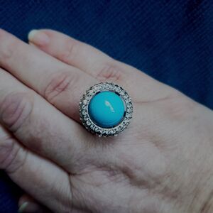 Unique Faux Turquoise/Silver Tone/Baguette Stone Ring Sz 8.75 Glam Boho Western